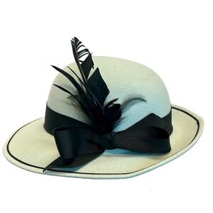 M’sieu Leon light pastel mint green black ribbon feather felt fedora hat